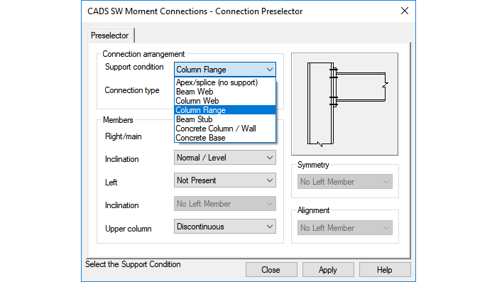 Steelwork Moment Connection - selection of connection arrangement